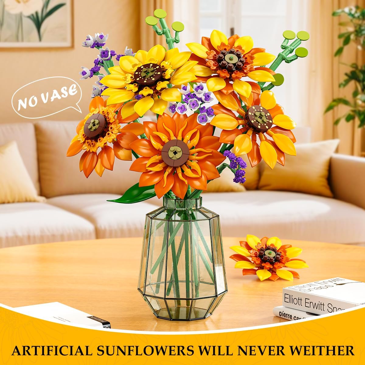 Assembled CUBIMANA sunflower bouquet in a vase, with a note indicating 'No Vase' included