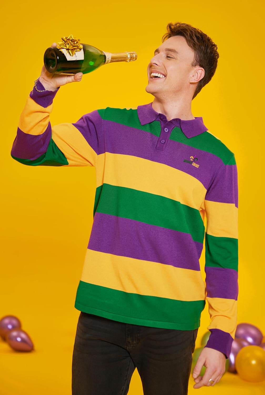 Arvilhill Men's Mardi Gras Polo Shirt Fat Tuesday Striped Long Sleeve Golf Shirt (S-3XL) - Image 7