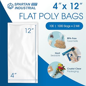 4 X 12 Open-End Flat Poly Bags (100 Count) - 2 Mil Clear Small Plastic Bags for Packaging, Shipping, Storage - No Adhesive Strip - Spartan Industrial