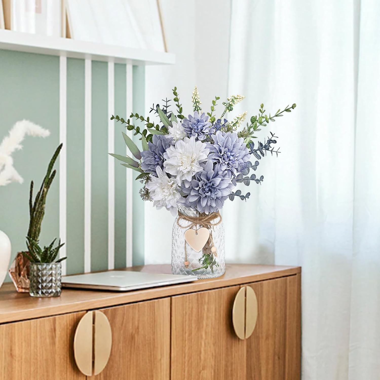 MARTINE MALL Fake Flowers in Vase, Faux Flowers in Vase, Dahlia Artificial Flowers in Vase Centerpiece Table Decorations Artificial Flower Arrangement for Home Dining Room Office Farmhouse, Blue - Image 7