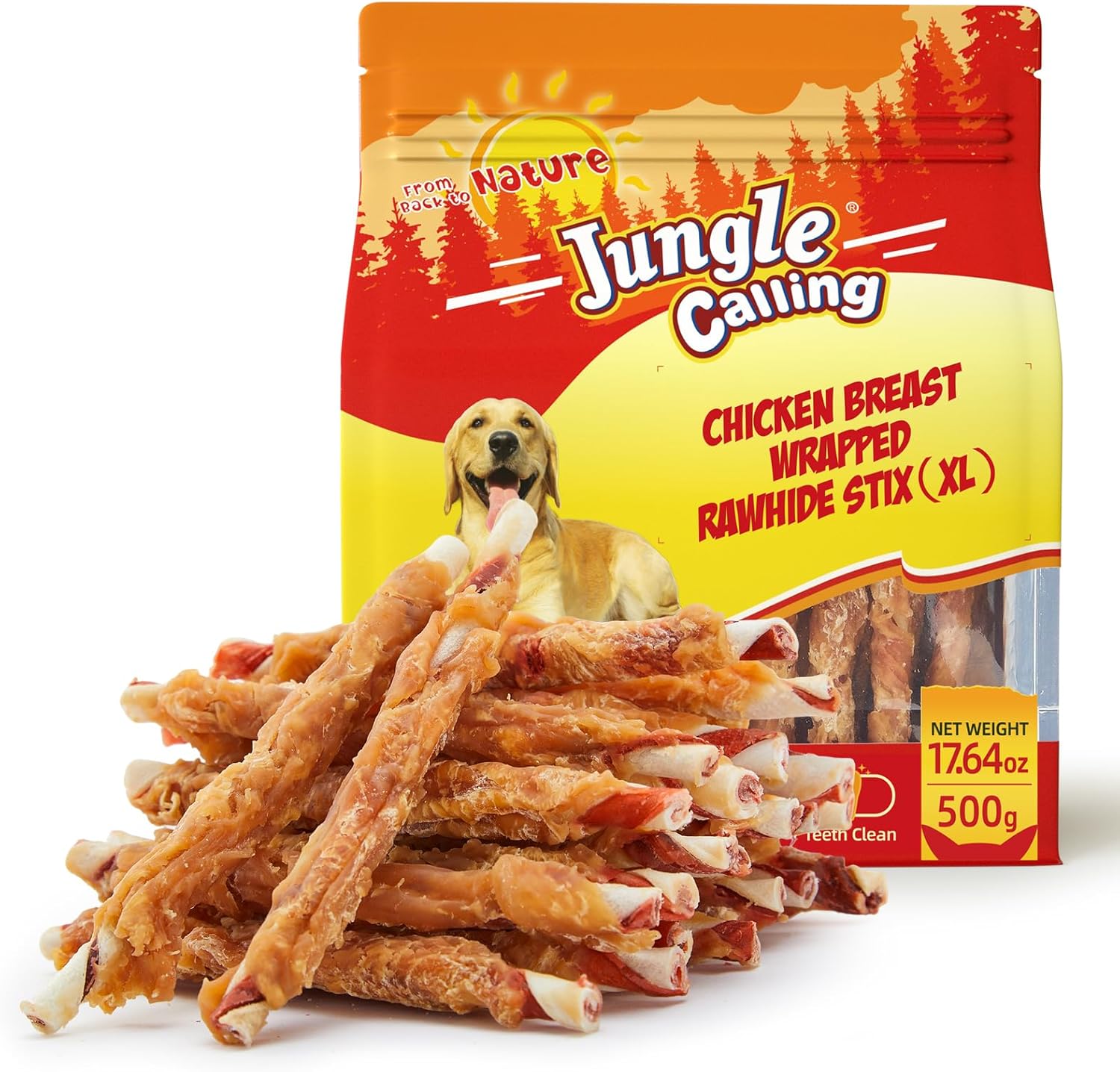 Jungle Calling Dog Treats, 35-Count Natural Chicken Wrapped Rawhide Sticks for Small Medium Dogs, 5-Inch Long Lasting Dog Rawhide Chews for Teeth Cleaning, Grain-Free Training Rewards, 1.10 lb