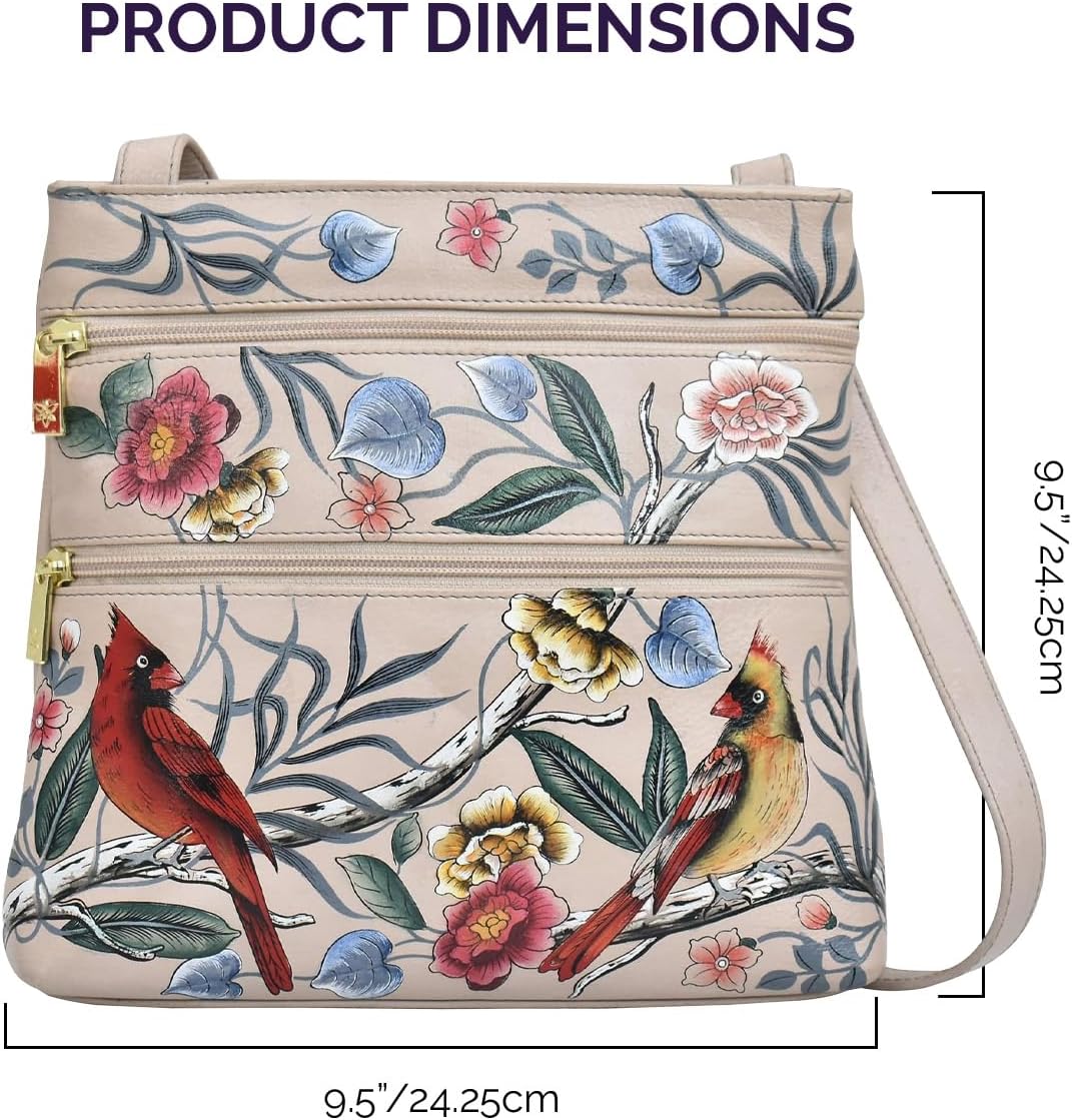 Anuschka Women’s Hand-Painted Genuine Leather Medium Crossbody with Double Zip Pockets - Cardinal Family