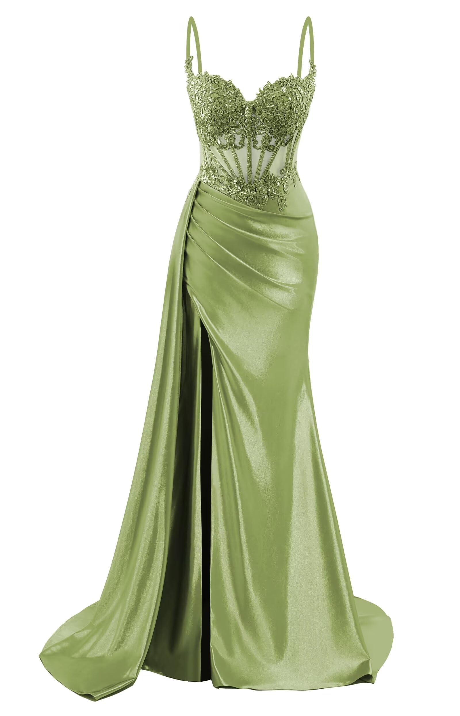 HPPEE Spaghetti Strap V Neck Lace Applique Prom Dresses for Teens Mermaid Satin Formal Evening Party Gown Olive Green UK8