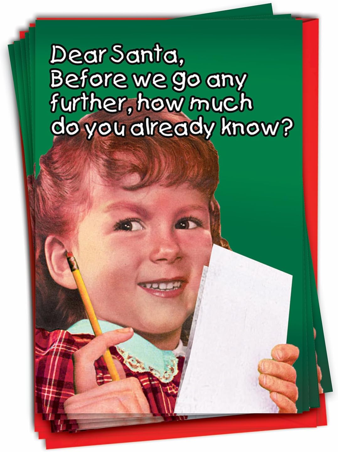 NobleWorks - 12 Funny Retro Christmas Cards w/Envelopes - Boxed Holiday Humor Greeting, Bulk Stationery (1x12 Design) - Santa Knows All B2543XSG