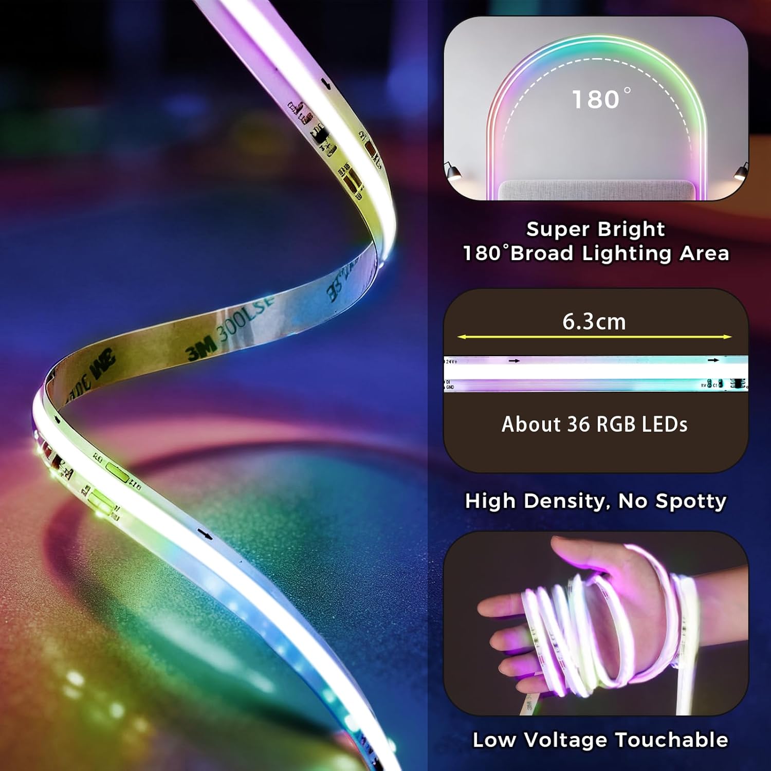 40FT RGB+IC COB LED Strip Lights, Bright Dream Color COB LED Light Strip with App & Remote Control, Color Changing, Music Sync, Dimmable for Bedroom, Kitchen, Gaming Room Home Decor （1 Roll）