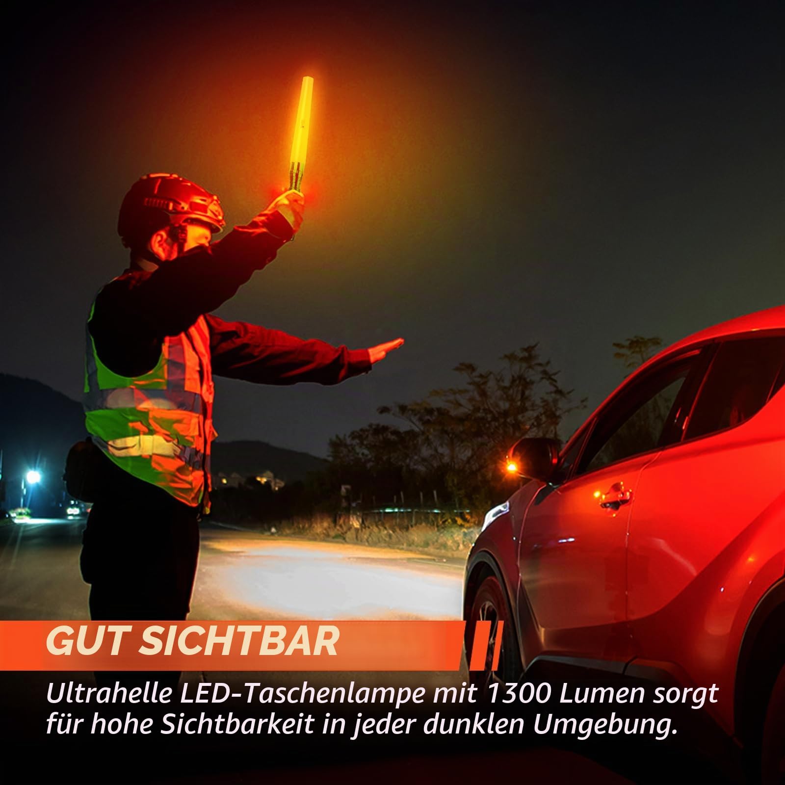 UltraFire 18 Zoll Verkehrsstab LED Taschenlampe, 1300 Lumen Signalstab für Verkehrskontrolle, 3 Modi mit Rotes Blinklicht, Orangen Stab für Flughafen, Feuerwehr, Autolenkung, Notfall, WF-501D