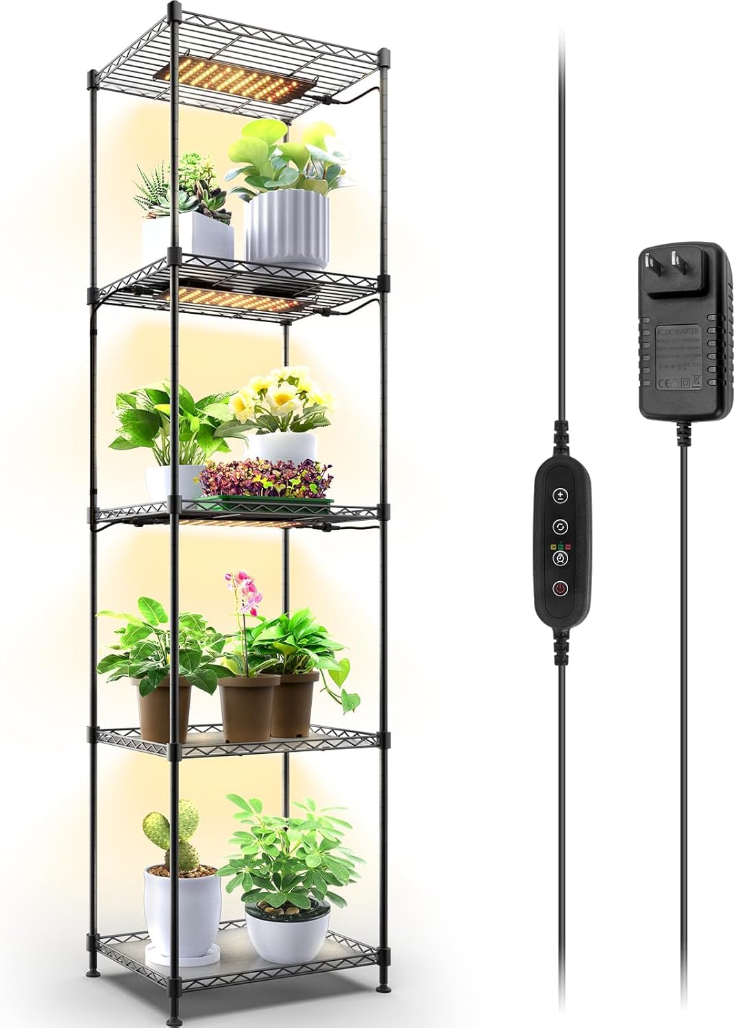 Barrina Plant Shelf with Grow Light, 5-Tier, Plant Stand with 40W Ultra-Thin Grow Light Panel for Hydroponics, Seedlings, Succulents, Flowers, Veg, 3/6/12h Timer, 15.7" L x 11.8" W x 59.1" H