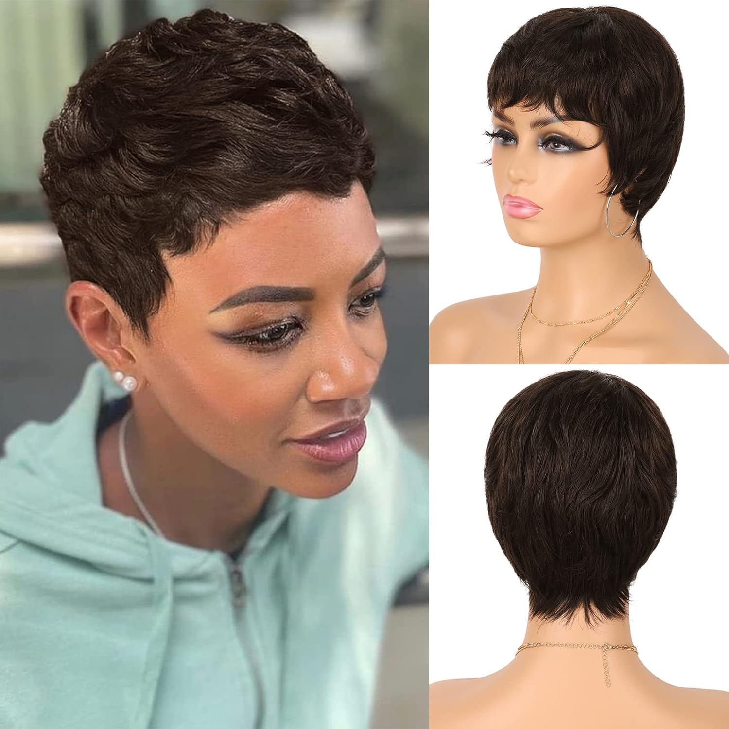 Parrucca Corta Pixie Parrucca Donna Naturale Parrucca Corta Capelli Umani Breve Capelli Umani Parrucca Dritta Brasiliana Pannolino Capelli con Frangia Parrucche Marrone scuro (4#)