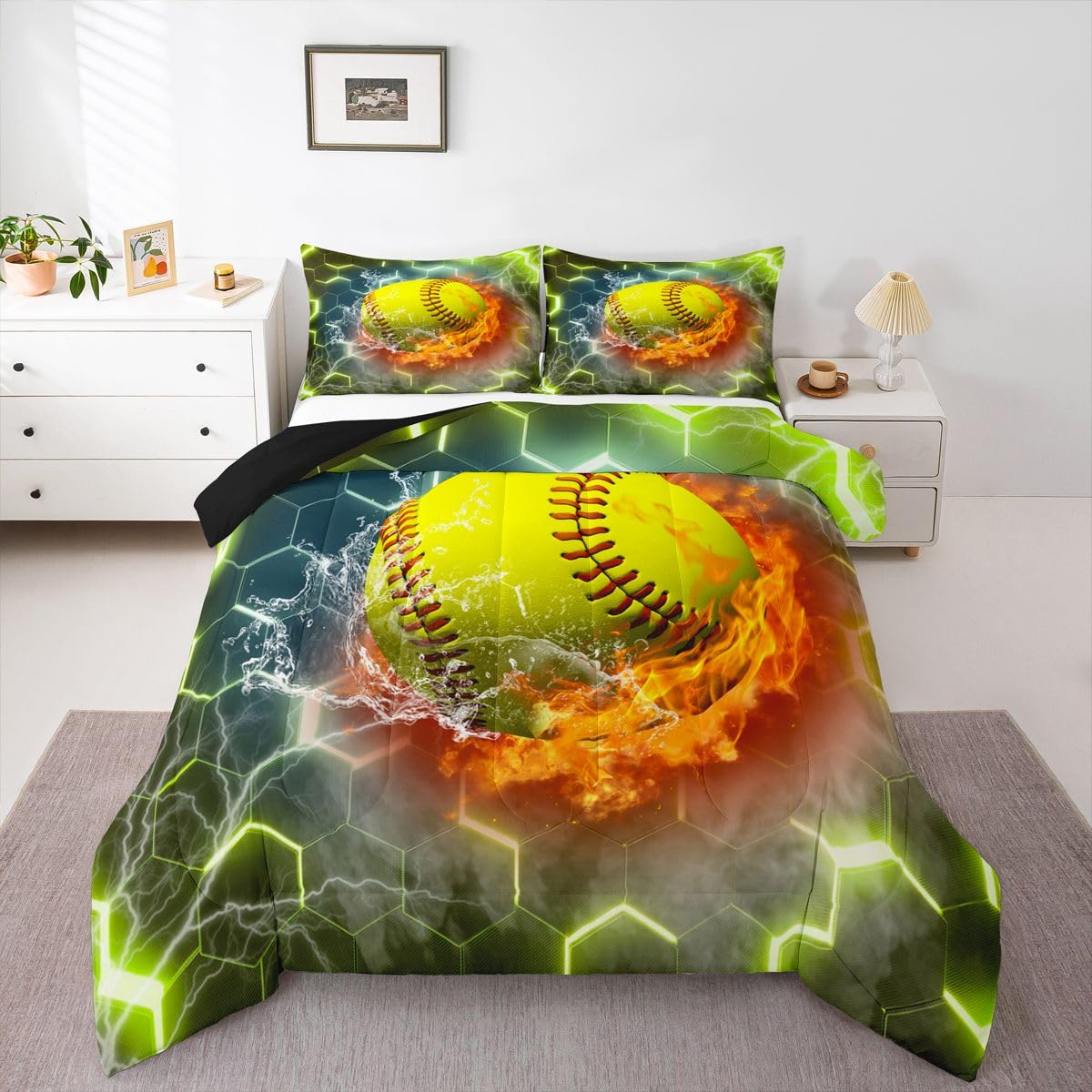 Erosebridal Softball Bedding Set Softball Gifts for Girls, Neon Honeycomb Comforter Set Full Size, Geometric Hexagon Gradient Quilt Sports Games Ice
