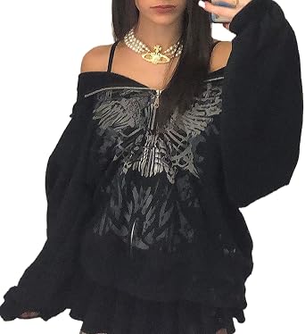 ROAONOCOMO Y2K Aesthetic Zipper Hoodie Sweatshirt Long Sleeve Harajuku Punk Grunge Outfit Retro Vintage Oversized Outwear