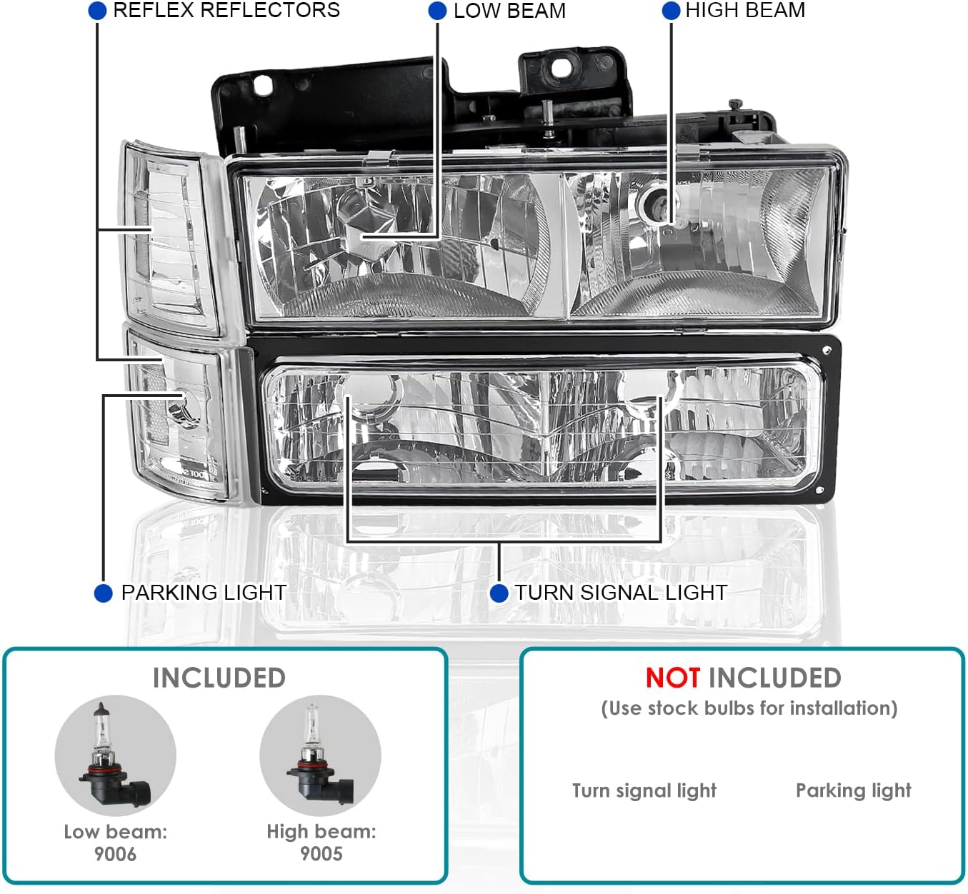 Spec-D Tuning Chrome Headlights + Bumper Lights Corner Lights + Clear Reflectors Compatible with GMC C10 Pick Up 1994-1998, Sierra, L+R Pair Assembly