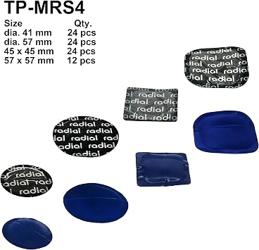 TP-MRS4 Radial Tire Patch Kit 84 pcs,Dia. 1 5/8 (41 mm) 24 pcs, Dia. 2 1/4 (57 mm) 24 pcs, 1 3/4 x 1 3/4 (45 x 45 mm) 24 pcs and 2 1/4 x 2 1/4 (57 x 57 mm) 12 pcs in a Box