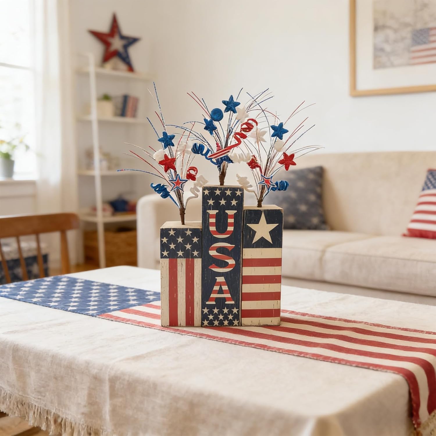 Patriotic Wooden USA Tabletop Decor - 25x11.8 Inch Red White Blue Tiered Sign with Star & Firework Sprays for 4th of July, Independence Day, Memorial Day, Labor Day Home Decoration