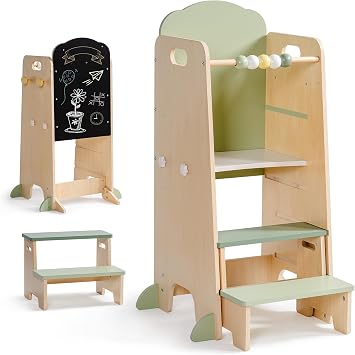 ROBUD Toddler Tower Adjustable Kitchen Stool Helper, Morandi Green | Chalkboard, Hooks and Anti-Tip Design, Movable Kids Step Stool with Cute Safety Rail