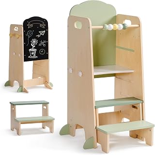 ROBUD Montessori Lernturm aus Holz für Kinder, 2-in-1 mit Kreidetafel