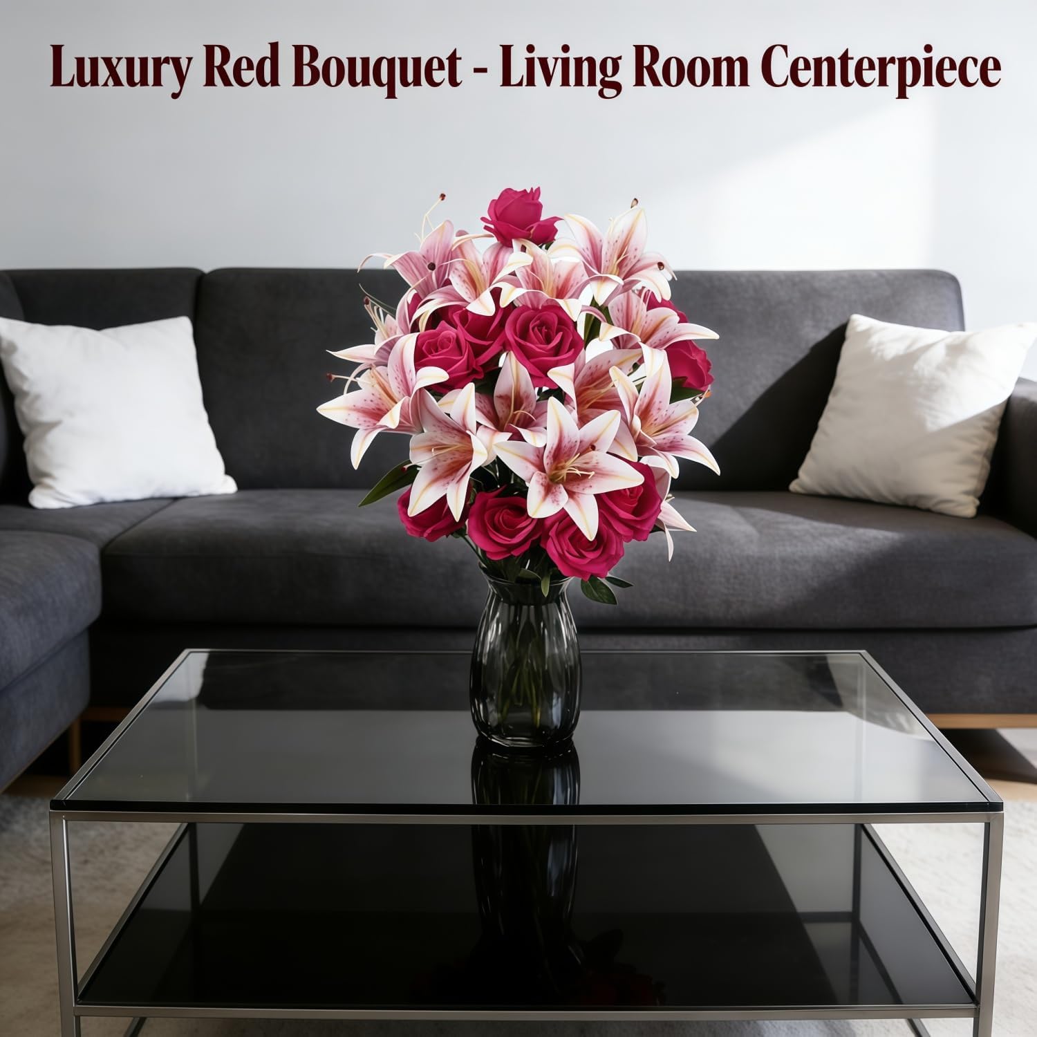 20 Pcs Long Stem Artificial Lily & Rose Bouquet, Fake Flowers for Wedding Bridal Table Centerpiece Home Decor(Pink and Red)
