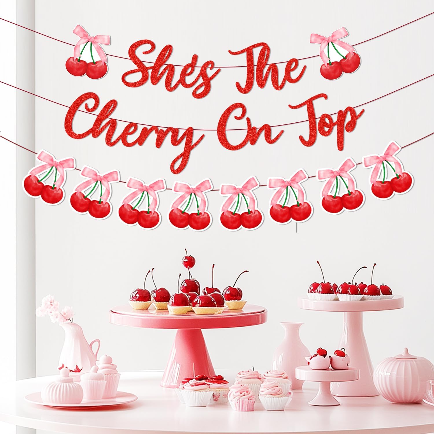 Cherry Baby Shower Banner Cherry Bow Party Decorations Coquette Cherry Welcome Baby Banner Sweet Cherry Garland Red and Pink Fruit Theme Decorations for Girl Baby Shower Supplies