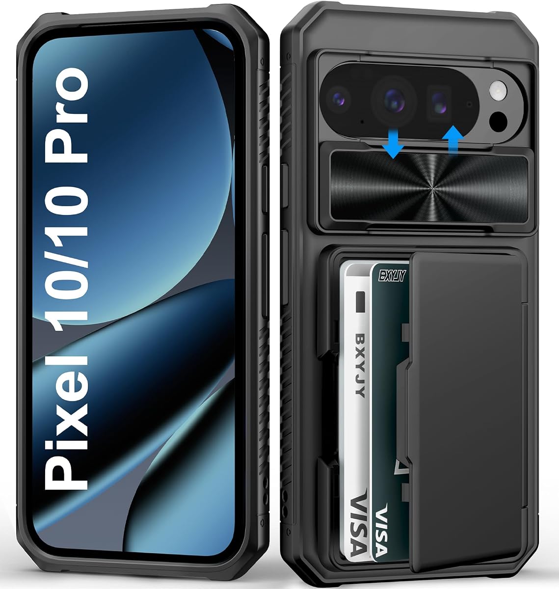 BXYJY for Google Pixel 10 & 10 Pro Case Wallet, Card Holder (4-5 Cards), Slide Camera Cover, Military Drop Protection, Heavy Duty Shockproof Rugged Men Women Phone Case for Pixel 10 & 10 Pro, Black