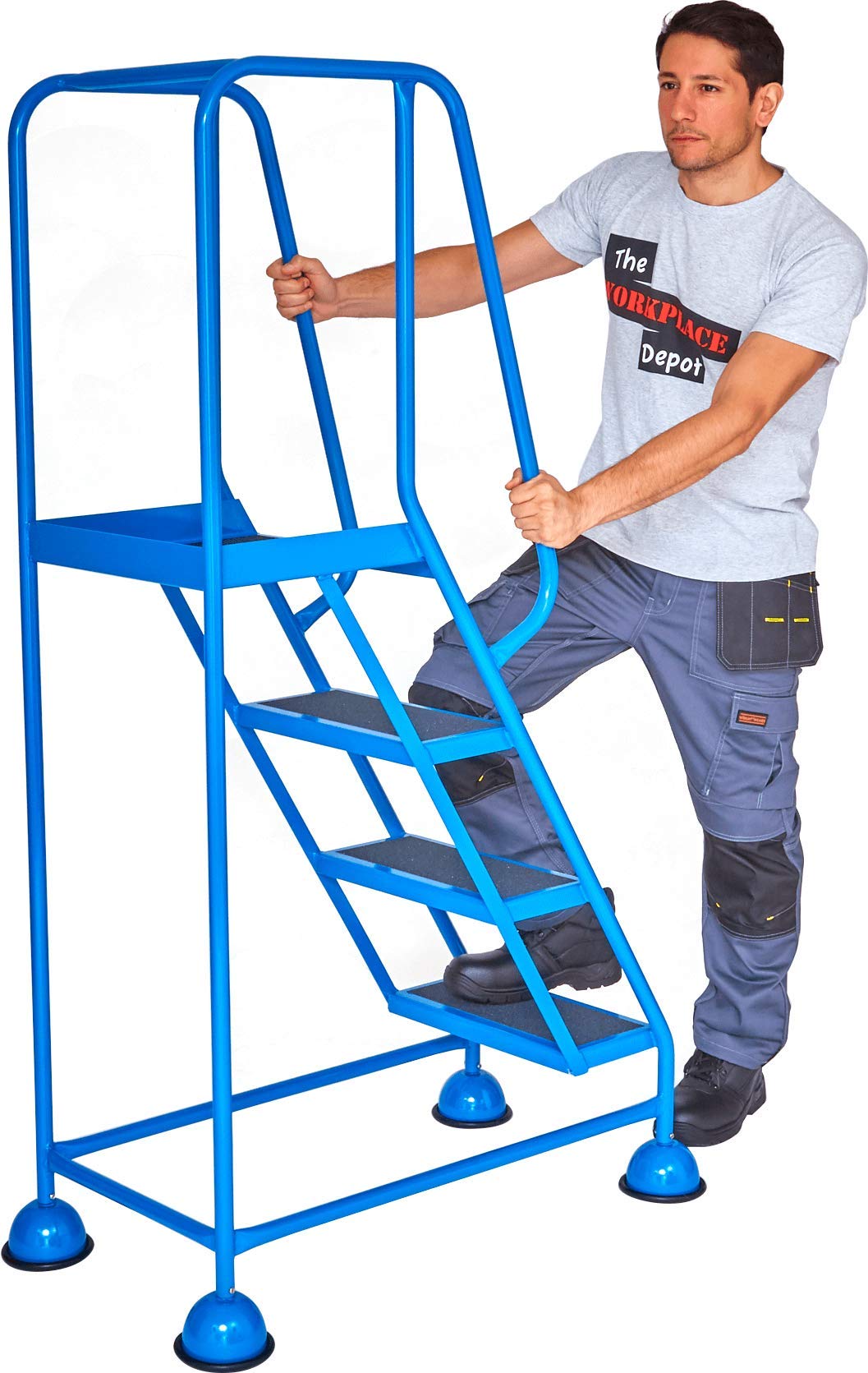The Workplace Depot Mobile Rolling Safety Steps with Handrail and Cupped Feet -125kg Load Capacity - Durable Steel Frame for Industrial and Commercial Use (4 Tread)