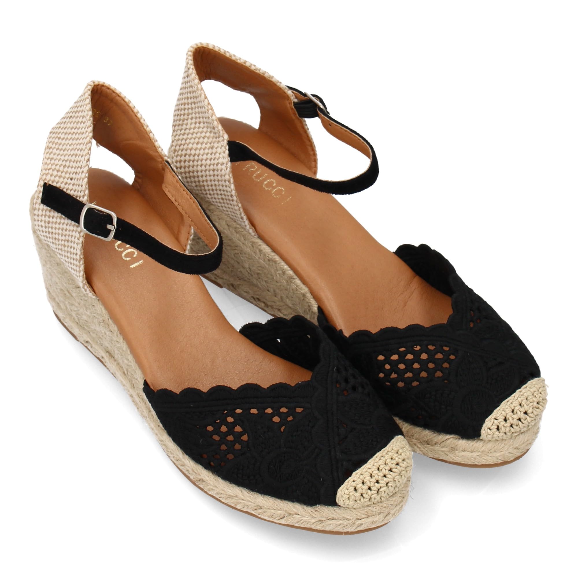 shoes&blues.es Alpargata de Mujer con Cuna de Esparto y Pala Bordada con Acabado Artesanal para Mujer, Cierre de Hebilla Ajustable, Diseno Calado en la Punta, Ideal Primavera Verano.