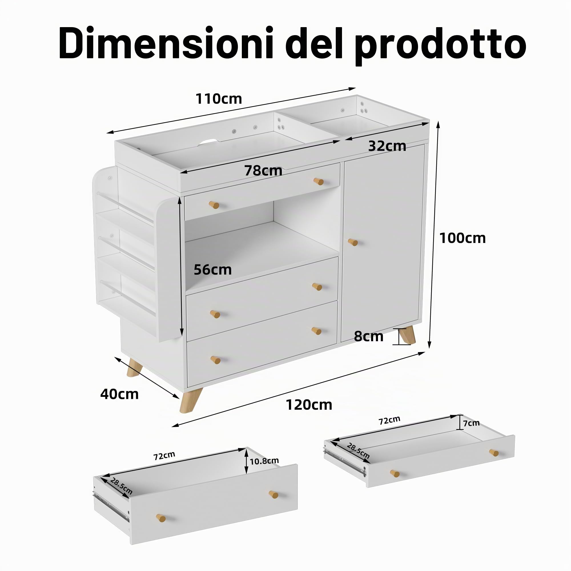 Fasciatoio con Divisorio Rimovibile, Cassettiera per Bambini con 3 Cassetti, Fasciatoios Cassetton, Mobile Fasciatoio per Bambini,110 x 100 x 40 cm, fino a 100KG, Non include il cuscino,Grande Capacit