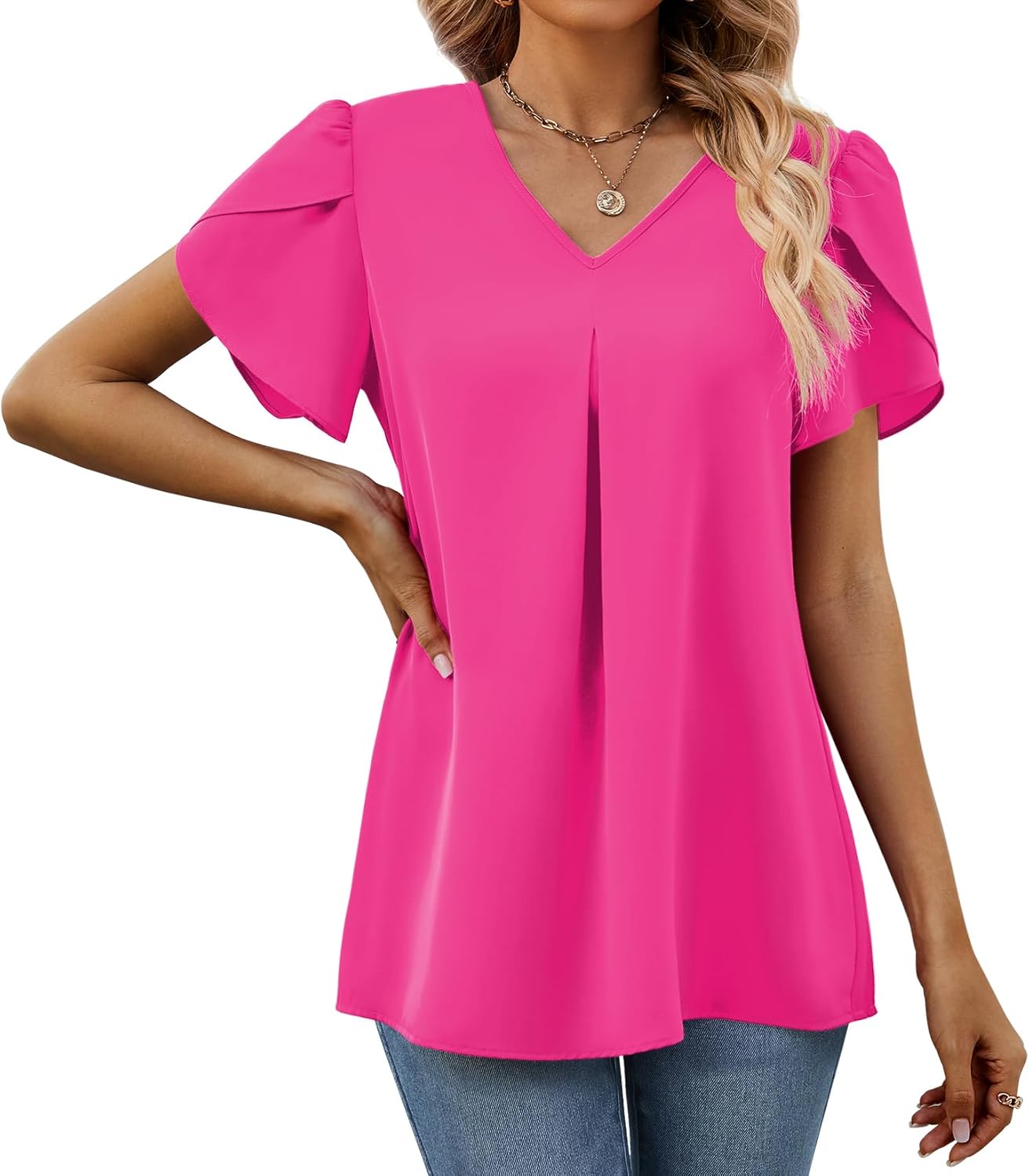 Funlingo Women's Summer Tops Short Sleeve Dressy Chiffon Blouses V Neck Work Tunic Tops Casual Loose T-Shirts - Image 2