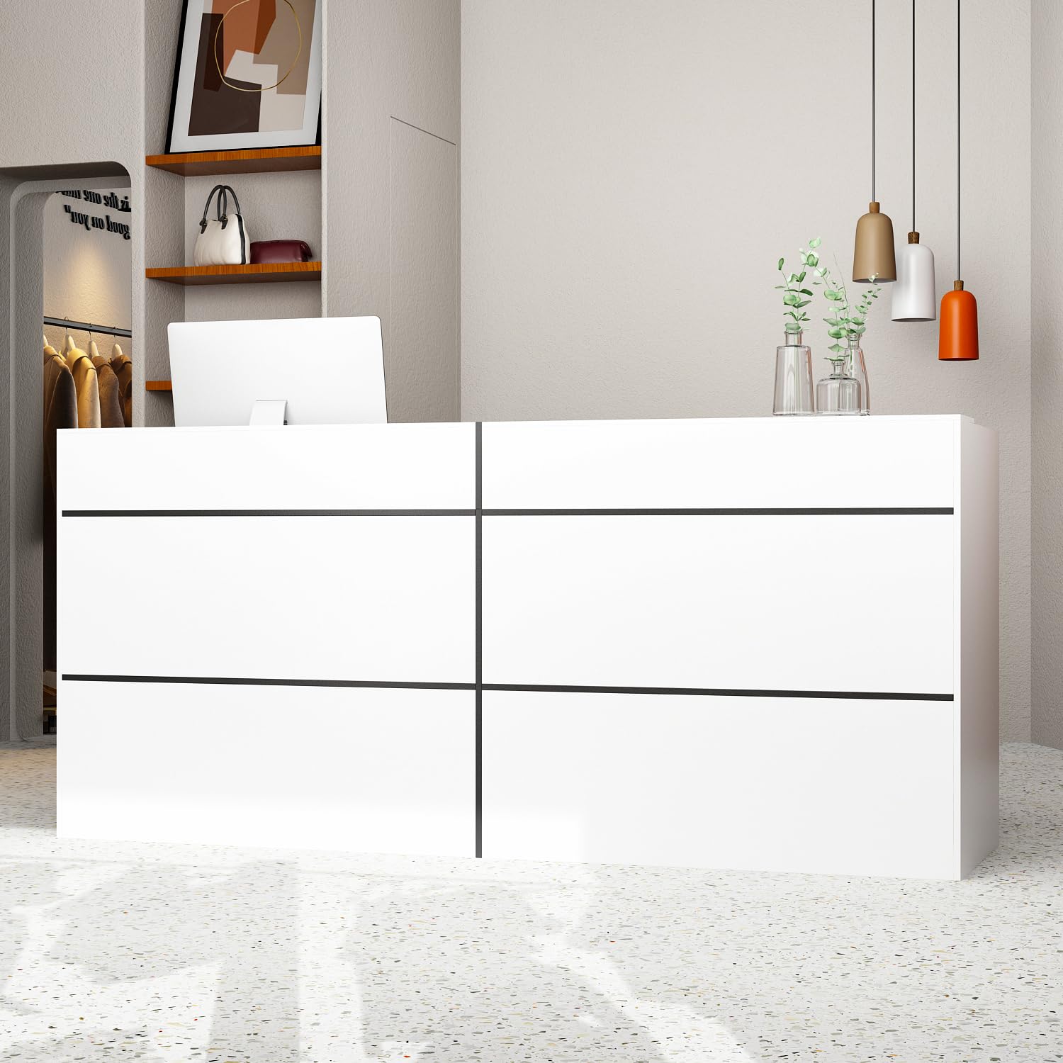 ROMSHINE Reception Desk with Counter, Modern Front Desk Reception Room Table, 86.6 inch Checkout Counter Table for Lobbies, Salons, Retail, White with