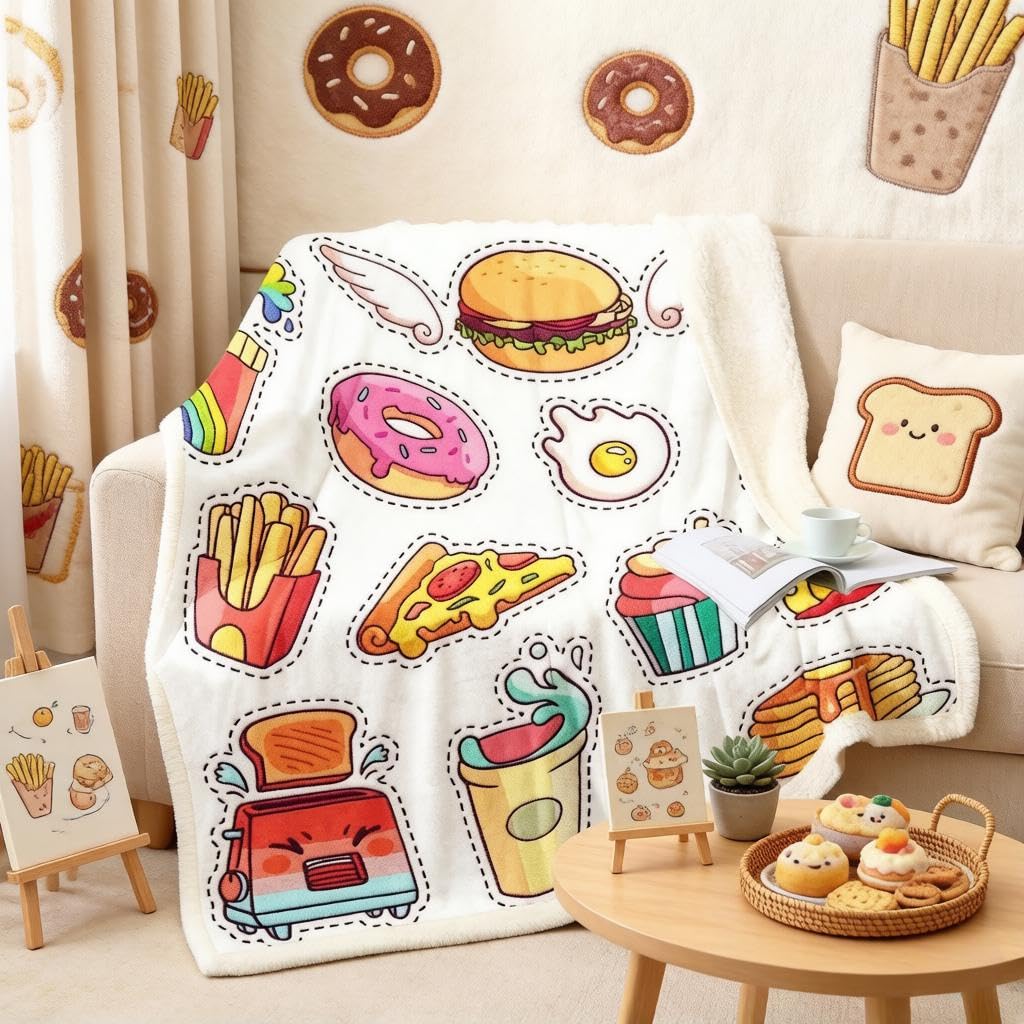 Loussiesd Donut Fleece Blanket for Chair Sofa Couch Hamburger Pizza Sherpa Blanket Decorative Food Theme Colorful Cartoon Food Plush King 87"*94" — image 1