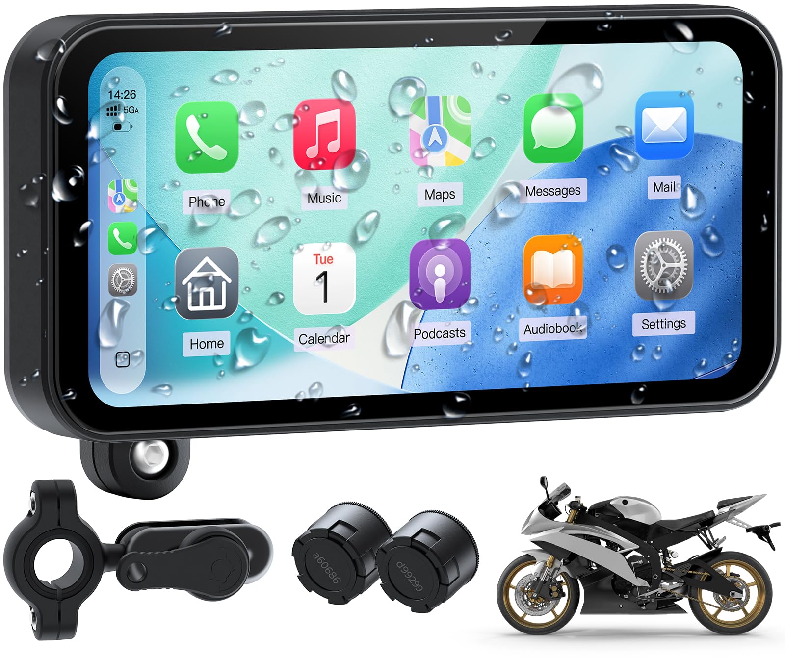 W622 Pantalla Moto CarPlay Inalámbrica 6,25" Touchscreen,Compatible con Apple CarPlay & Android Auto, Navegación, Control por Voz,IP67 Impermeable,TPMS,Dual Bluetooth, Alimentación USB/Acc