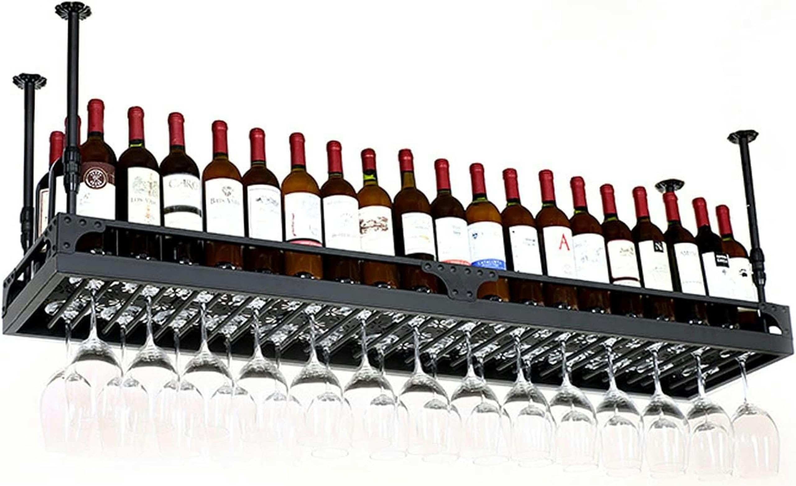 Porte-bouteilles de vin vintage en métal noir avec support de verres à l'envers