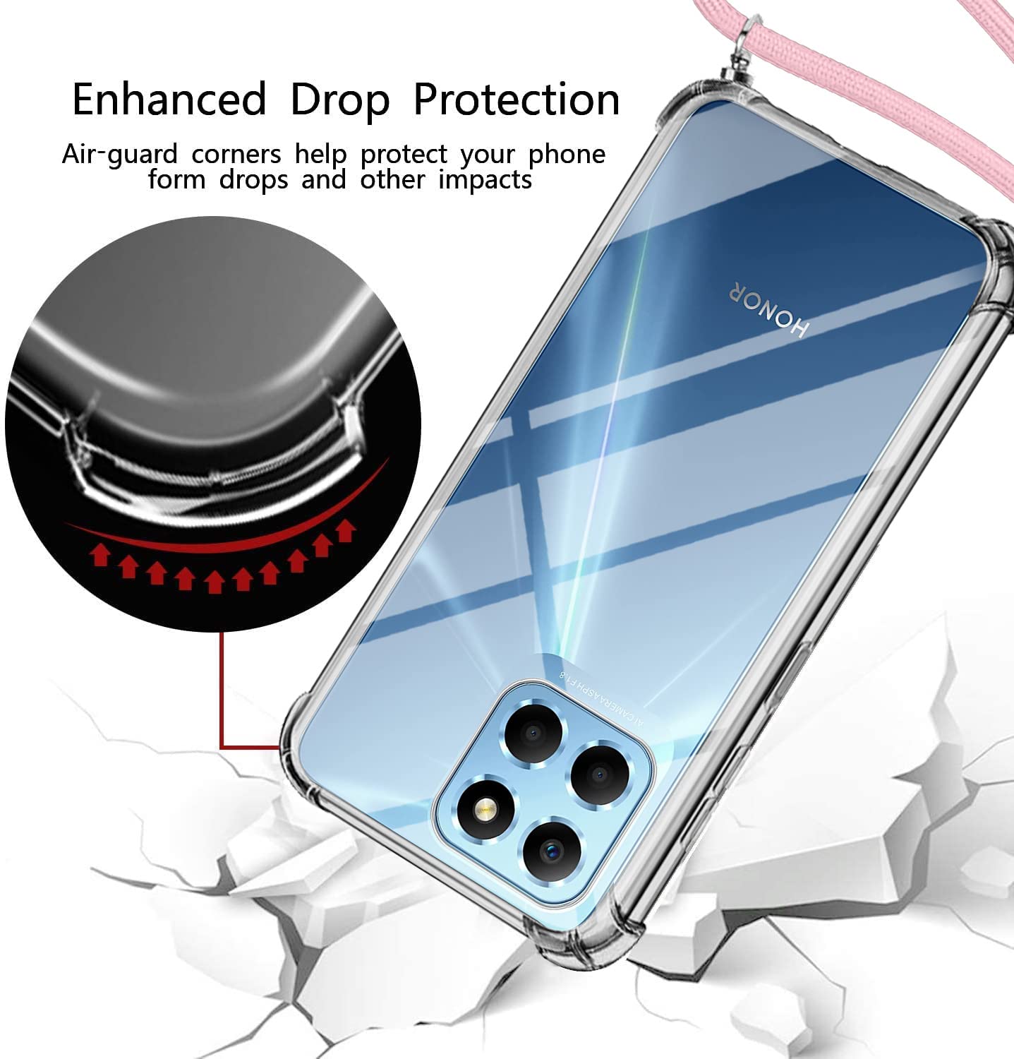 DEDUX Custodia Per Honor X6 / X8 5G - Vetro Temperato Cielo Stellato + Bumper TPU, Luna E Corda