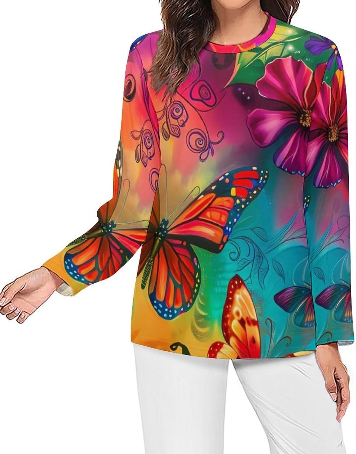 Colorful Butterflies Flowers Women's Pajama Top Sleepwear Pajamas Sleep T-Shirt Long Sleeve Shirt Crewneck Tee