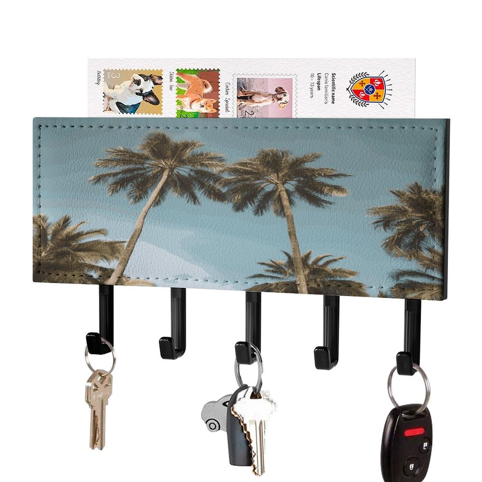 LDGSUPH Tall Tropical Palm Trees Key Holder Wall Mount Key Hanger with 5 Hooks Fashion Key Organizer Rack Hanging Key Hooks with Mail Organizer Key Rack for Home Entryway Hallway Black-Style