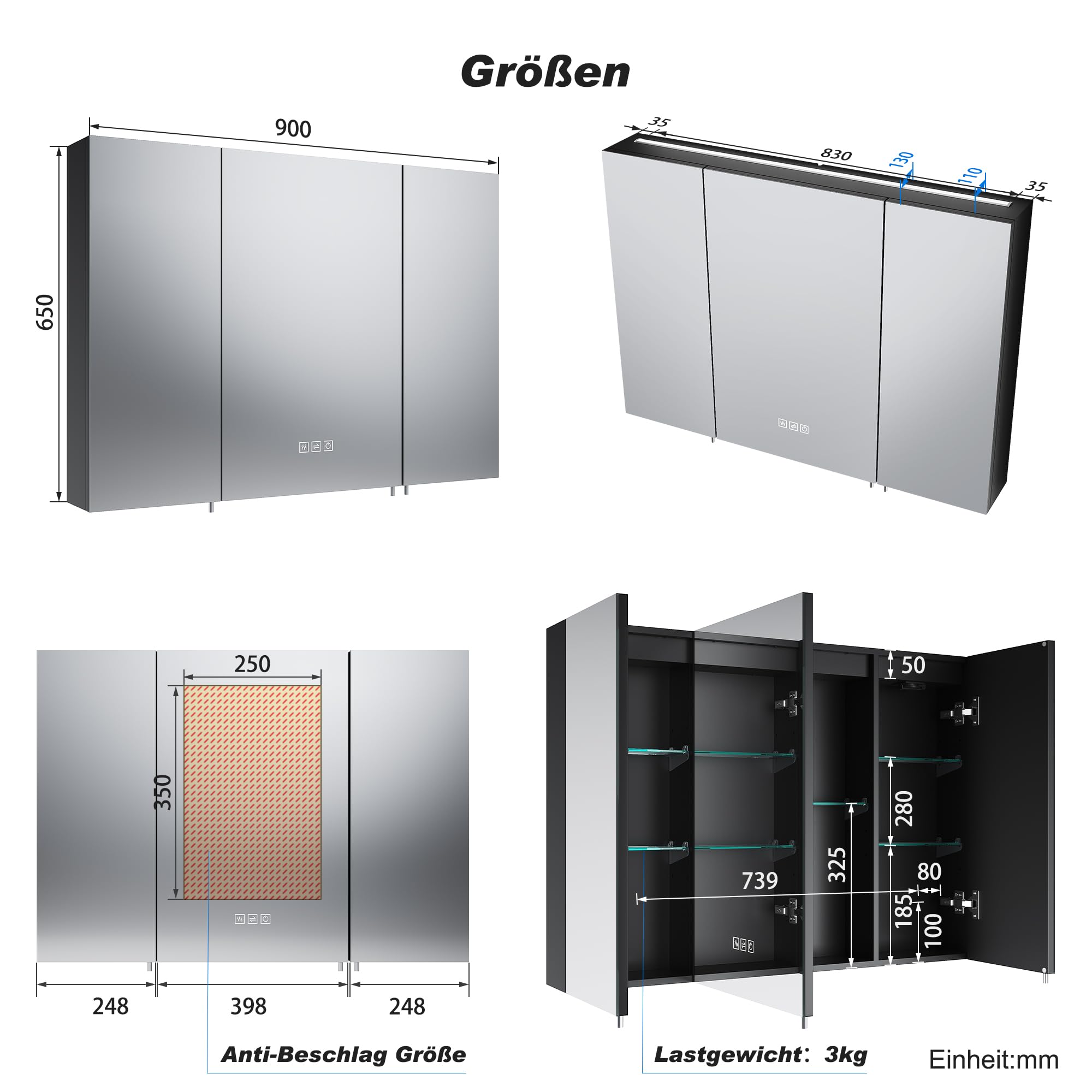 SONNI LED spiegelkast voor badkamer, met 3-voudige vergrotingsspiegel en stopcontact, 65 x 60 cm, aluminium spiegelkast met touch-schakelaar, 3 lichtkleuren ontdamping, IP44 waterdicht