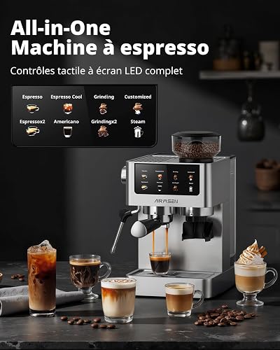 AIRMSEN Espresso Coffee Maker with Conical Grinder and Milk Steamer – 20 Bars, Programmable, Color Touch Screen, Cold Brew and American Compatible, Stainless Steel, 1.8L Tank - 2