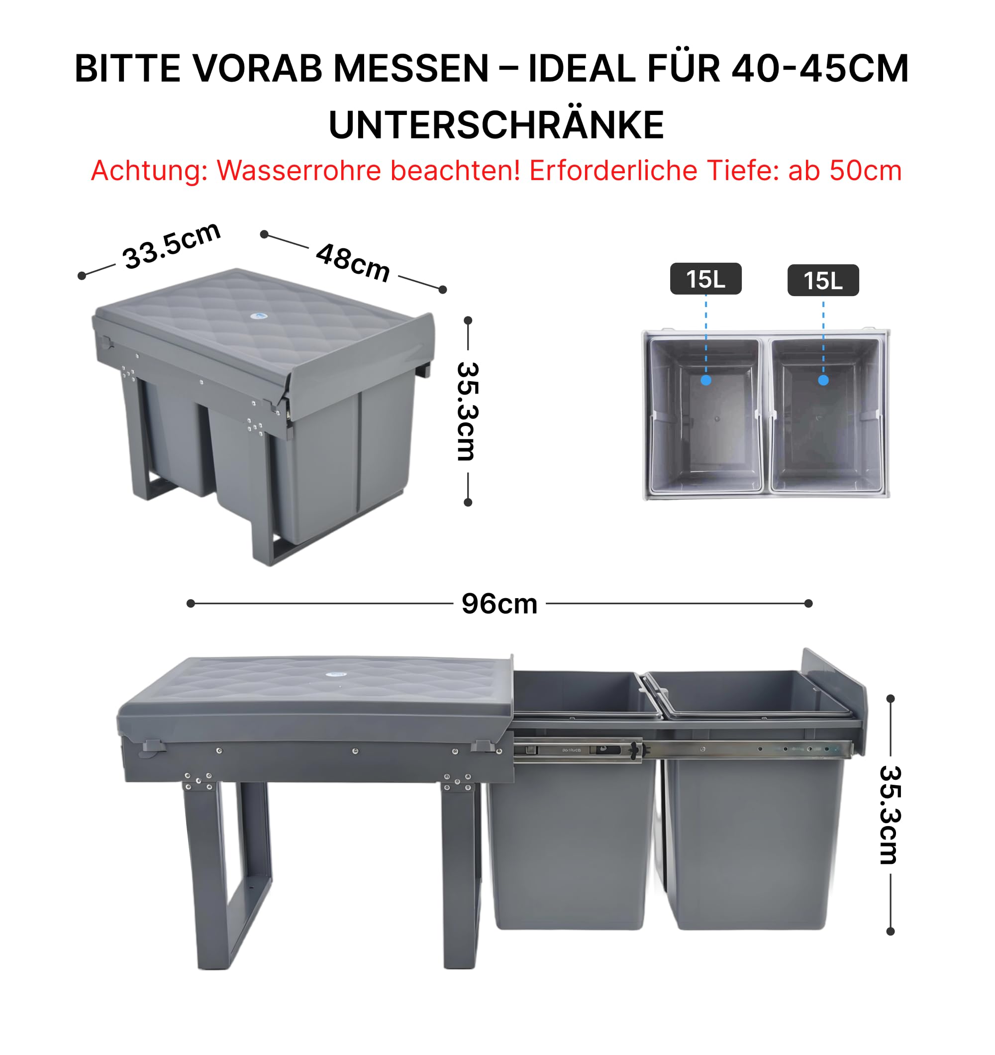 Einbaumülleimer Küche 2 Fächer (20L+10L) 48x33x35cm Mülleimer Grau | Mülltrennsystem für schmale Schränke, 5-Punkt-Verstärkung, ausziehbarer Unterschrank-Mülleimer, Abnehmbarer Deckel