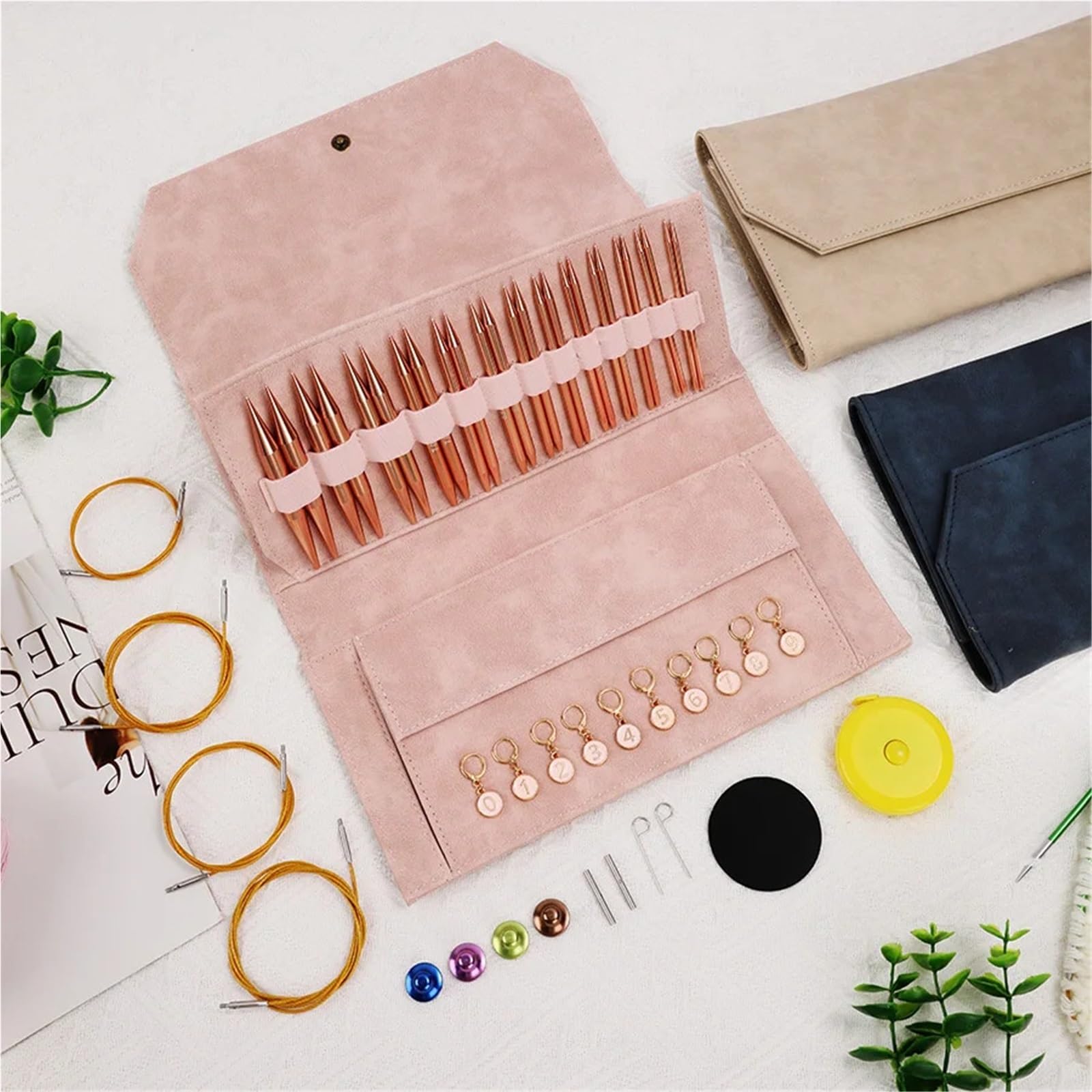 Juego de agujas de tejer circulares de aluminio intercambiables, agujas de ganchillo circulares, juego de herramientas de hilo para tejer, kit de accesorios para tejer (rosa claro)