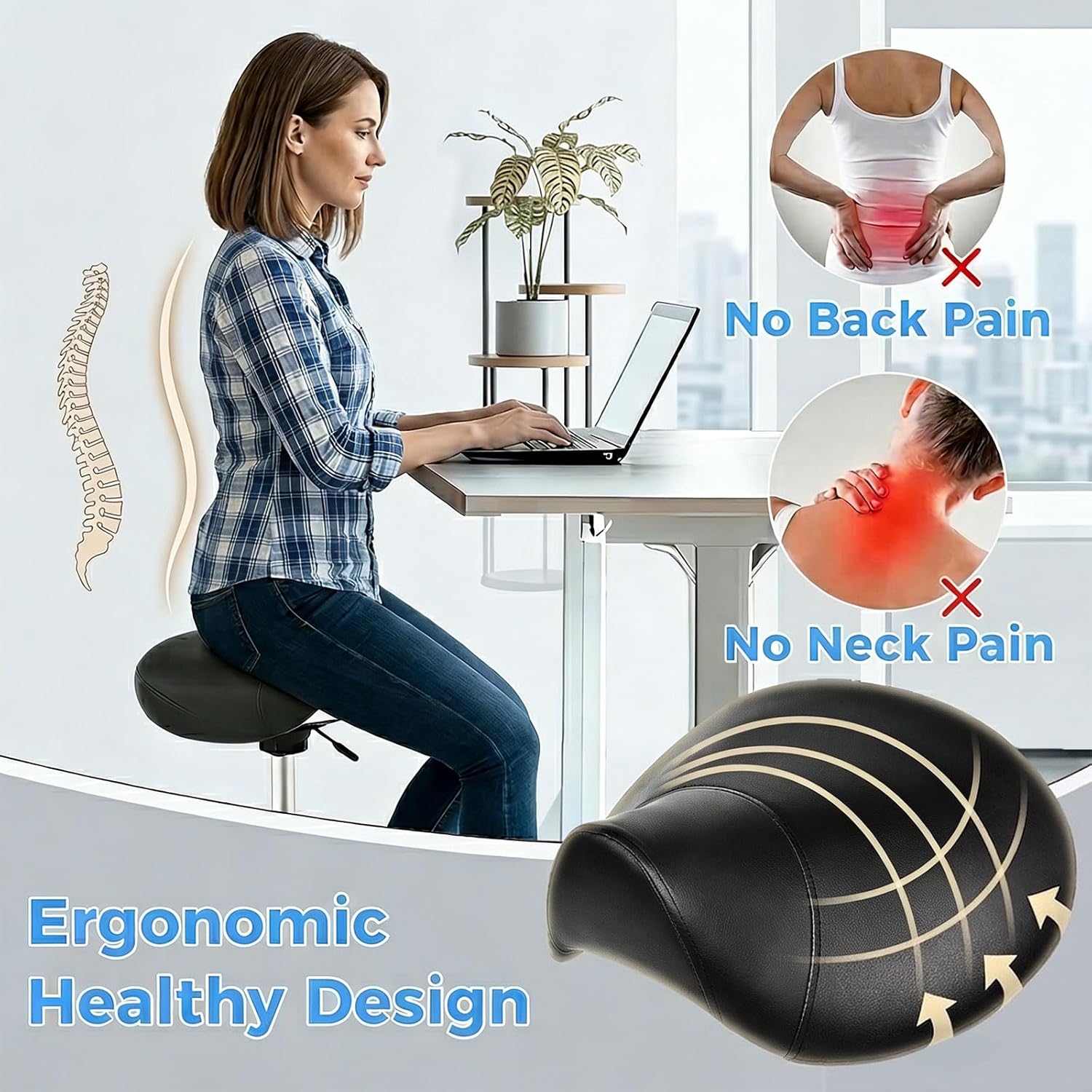 BEWISHOME Rolling Saddle Stool with Wheels, Ergonomic Contoured Seat, Thick Cushioned PU Leather Swivel Chair with Adjustable Height, All-Day Comfort for Clinic, Salon, Tattoo Studio and Home Office