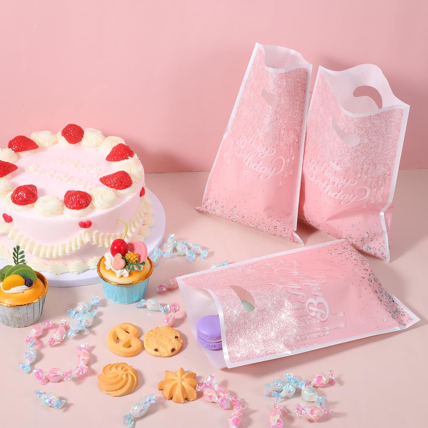 30 Pcs Glitter Diamond Goodie Bag with Handles Happy Birthday Candy Bags Pink Rose Gold Gift Bags Birthday Party Favor Bag for Women Girls Party Decor Supplies - Image 3