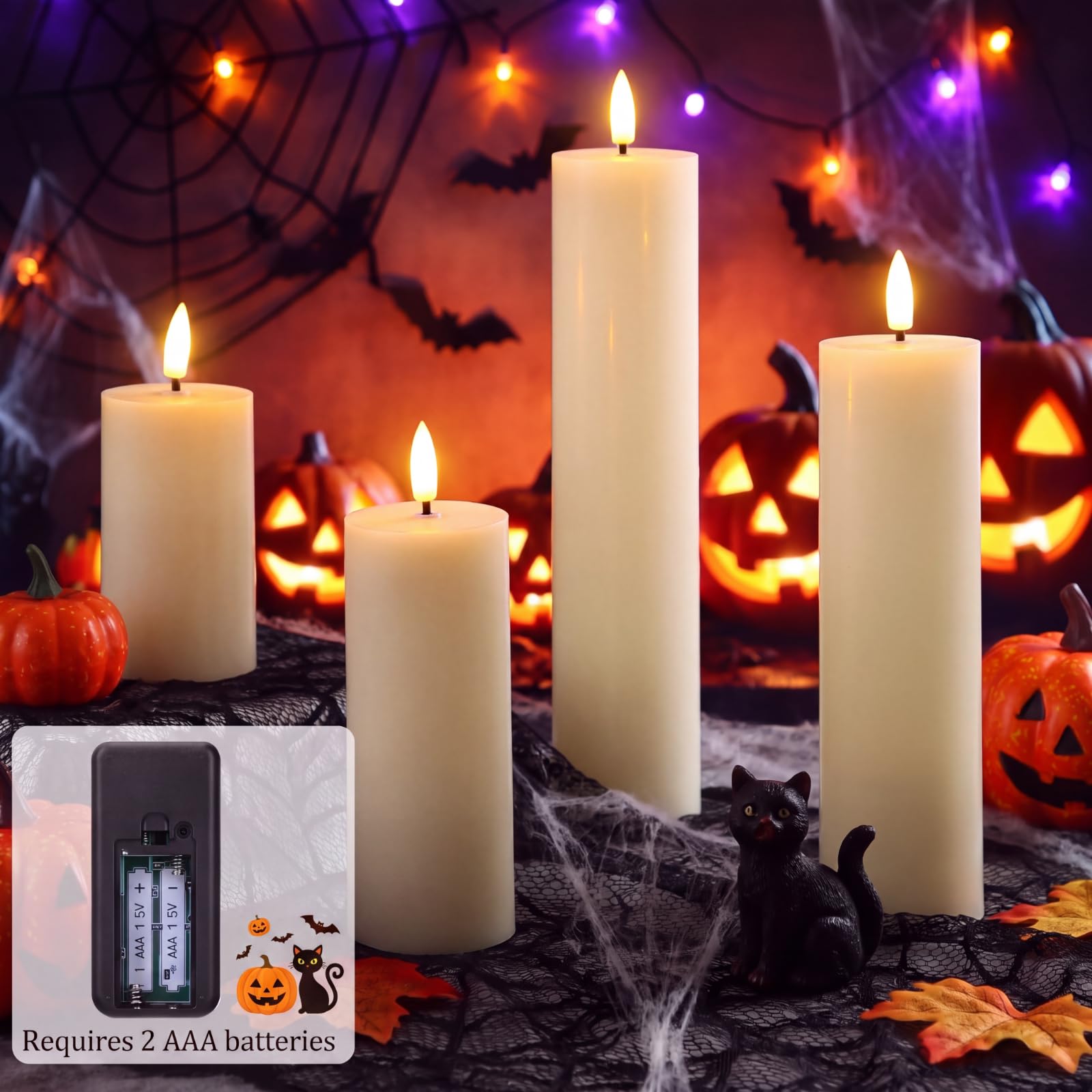 Retisee Schmale, flackernde flammenlose Stumpenkerzen mit Fernbedienung, batteriebetrieben, LED-Echtwachs, künstliche 3D-Docht-Kaminkerzen für Herbst, Halloween, Erntedankfest, Hochzeit