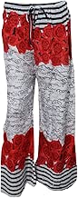 Mogul Interior Women's Casual Pant Wide Leg Floral Print Trendy Palazzo Pants M/L White,red