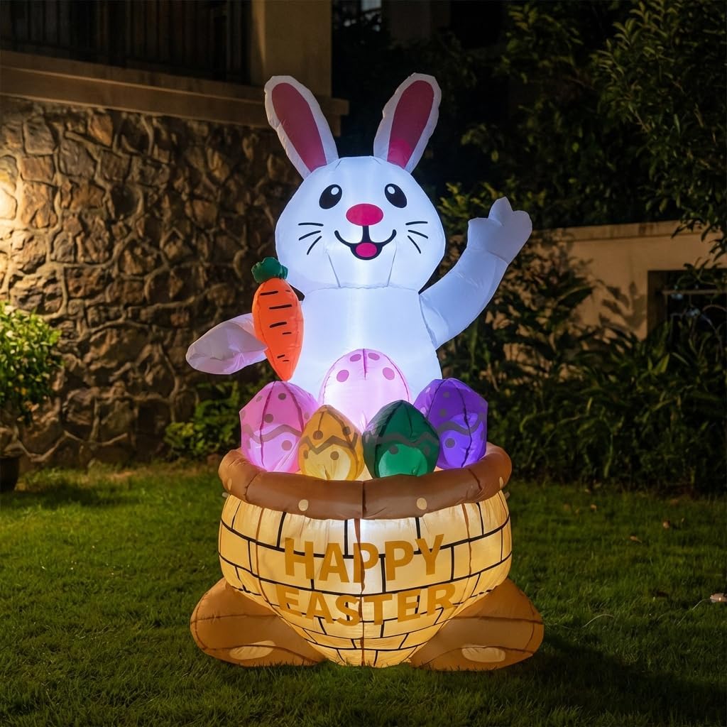 6FT Easter Inflatable Bunny Outdoor Yard Decoration with Built-in LED Lights, Blow Up Easter Decoration for Lawn Garden Patio Holiday Party