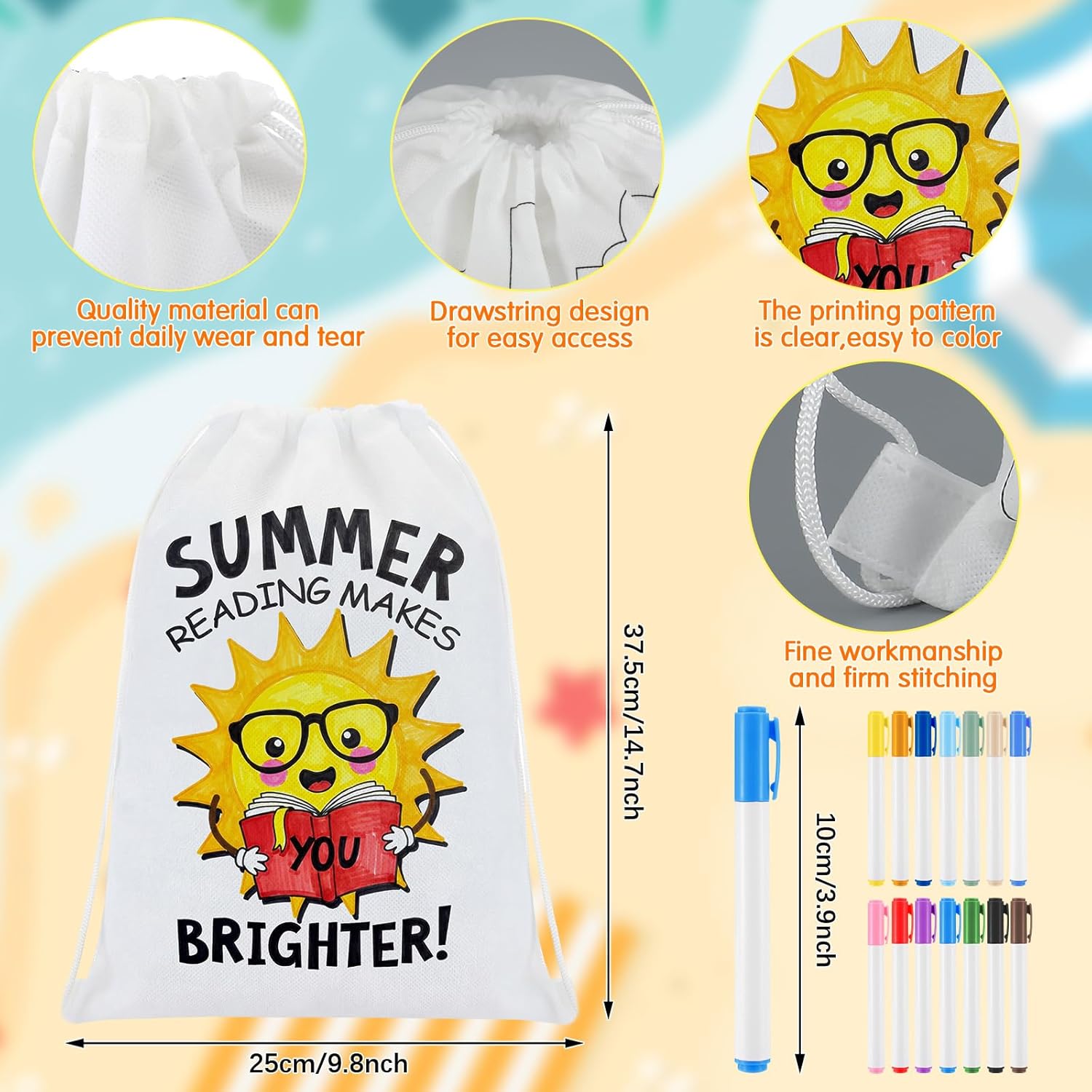 24 Pcs Summer Reading Coloring Drawstring Bag with Marker I Love Reading Book DIY String Bag Color Your Own Craft Summer Party Goodie Favor End of The Year Party Favor Supply Gift
