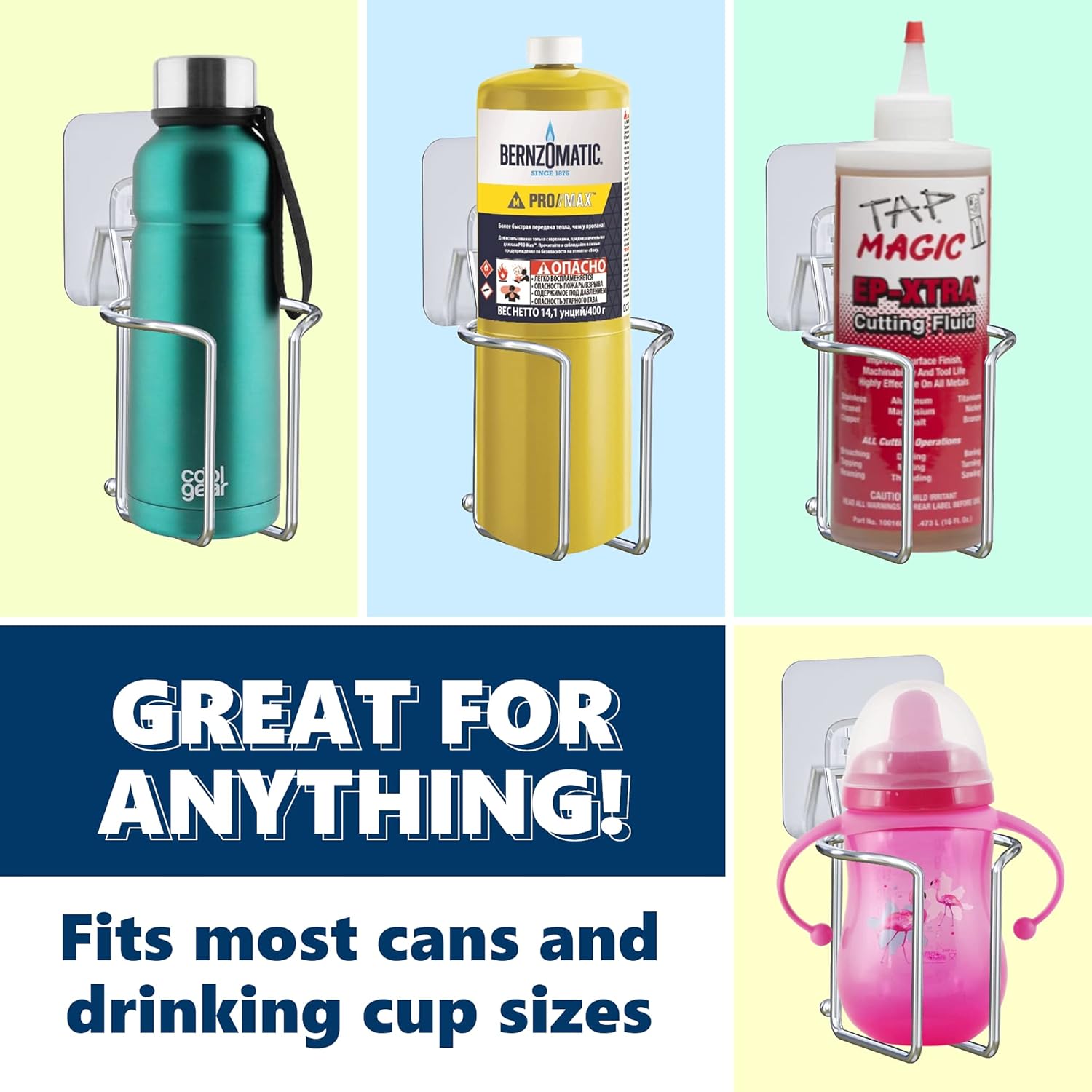 Skywin-Wall Mounted Cup Holder- 2 Pack Large Metal Cup Holder for Yacht, Truck, Car, RV- Installs on Walls and Railings- Mountable Cup Holder Perfect for Drink Cans, Bottles & Cups (Adhesive Mount) - Image 3