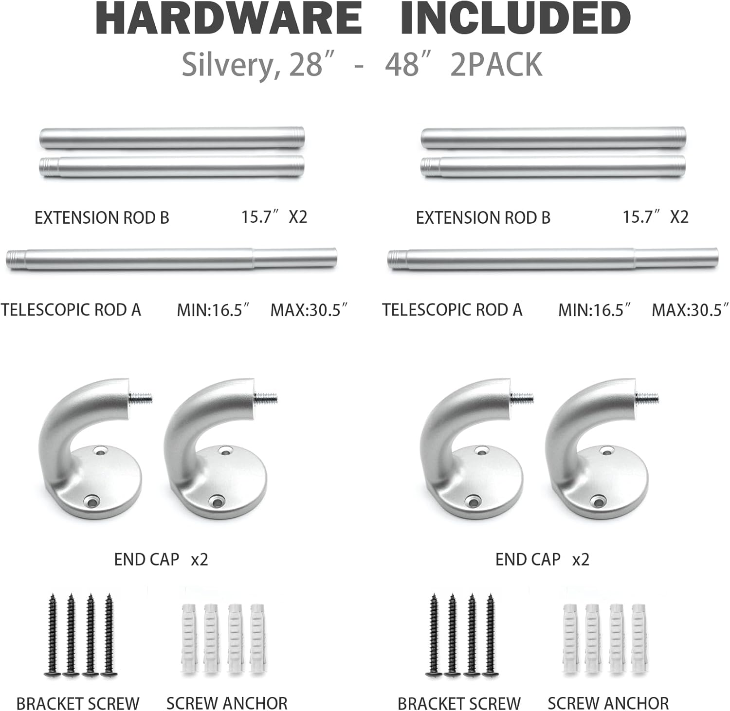 Blackout Curtain Rod 28-48, 3/4 Inch Curtain Rods for Windows Adjustable, Wrap Around Heavy Duty Telescoping Curtain Rods for Bedroom, Living Room, Silver, 2 Packs