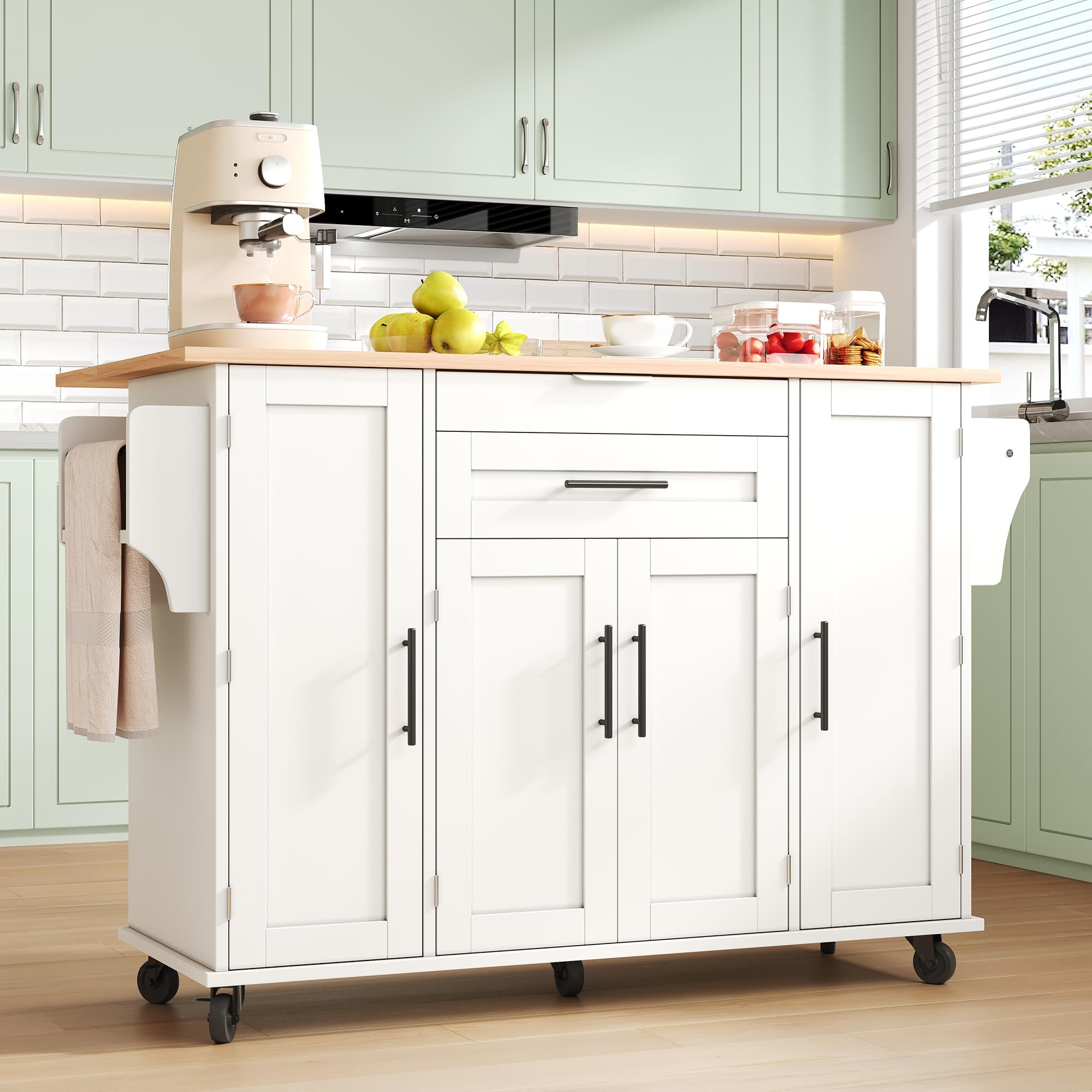 Isola da cucina indipendente con piano di lavoro pieghevole, carrello da cucina su 5 ruote, con ripiano e 2 cassetti, per cucina, sala da pranzo, 136 x 70 x 92 cm (bianco)