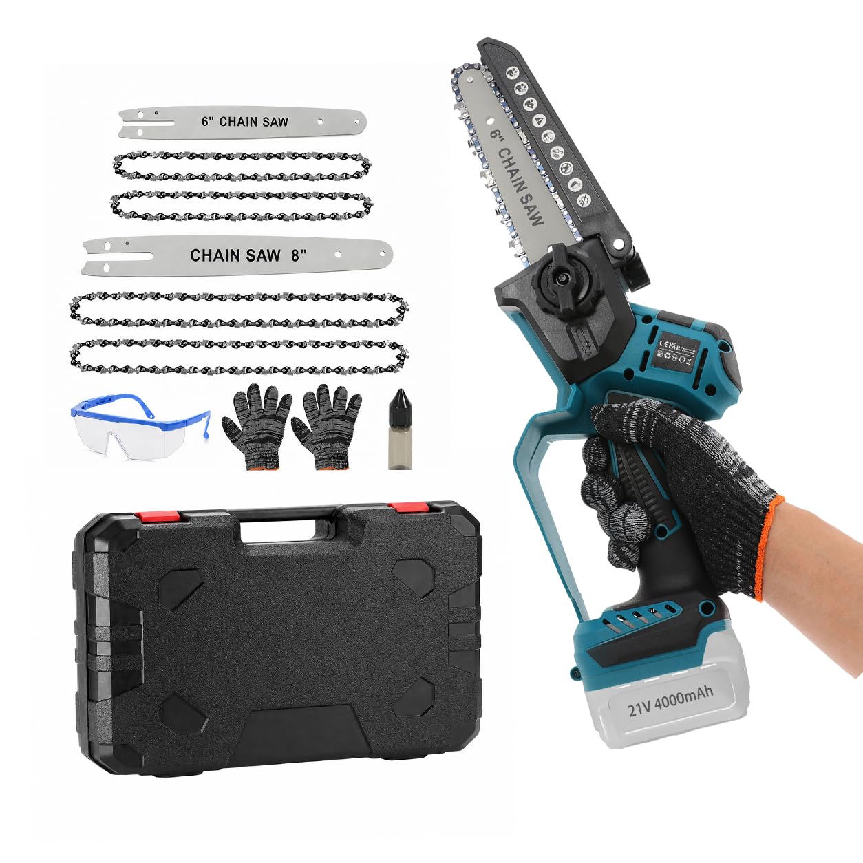 Mini motosierra con batería, 6 y 8 pulgadas, 600 W, sin escobillas, sierra de podar con guantes, gafas protectoras, dos tamaños de placas guía y cadenas, sin batería