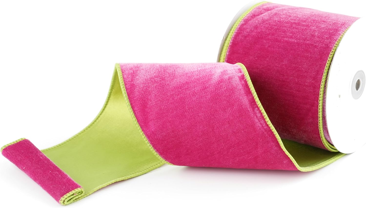 MAYREEL 4 Inch Two-Tone Hot Pink and Lime Green Reversible French Velvet Wired Edge Ribbon for Christmas Tree Gift Wrapping Decorations Double Faced Design 10 Yards