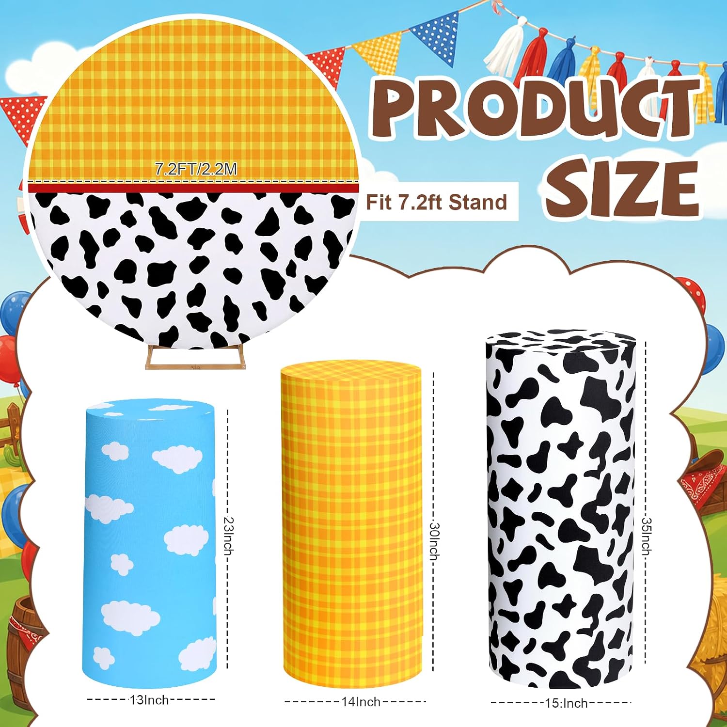 Mindsoft Set of 4 Story Themed Backdrop and Cylinder Stand Covers for Party, Cartoon Cylinder Pedestal Covers, 7.2ft Round Cow Pattern Backdrop Cover for Party Decor Table Display image 2