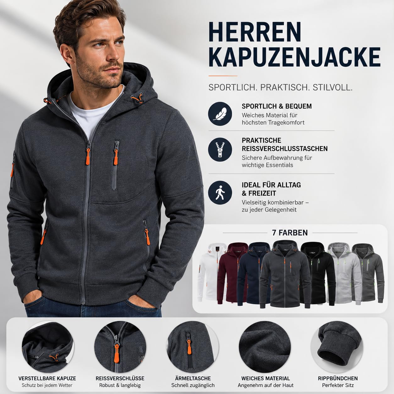 Sweatjacke Herren Hoodie Mit Kapuze Leichte Sweatshirt Jacke Langarm Sport Kapuzenjacke Kapuzenmantel Casual Oversized Sportjacke Übergangsjacke Jogging Einfarbig Outdoorjacke Mit Reißverschluss